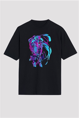 Attack On Titan Baskılı Unisex Siyah Oversize Tişört - Tshirt
