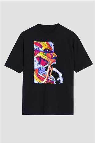 Attack On Titan Baskılı Unisex Siyah Oversize Tişört - Tshirt