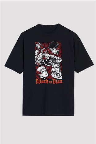 Attack On Titan Baskılı Unisex Siyah Oversize Tişört - Tshirt