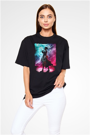 Attack On Titan Baskılı Unisex Siyah Oversize Tişört - Tshirt