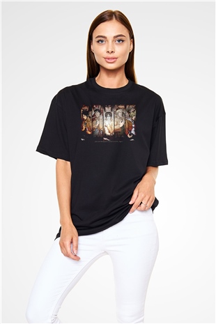 Attack On Titan Baskılı Unisex Siyah Oversize Tişört - Tshirt