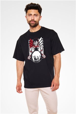 Attack On Titan Baskılı Unisex Siyah Oversize Tişört - Tshirt