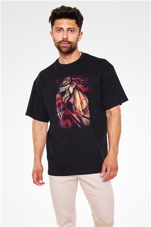 Attack On Titan Baskılı Unisex Siyah Oversize Tişört - Tshirt