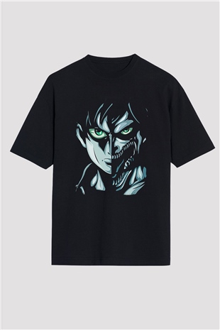 Attack On Titan Baskılı Unisex Siyah Oversize Tişört - Tshirt