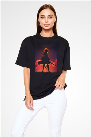Attack On Titan Baskılı Unisex Siyah Oversize Tişört - Tshirt