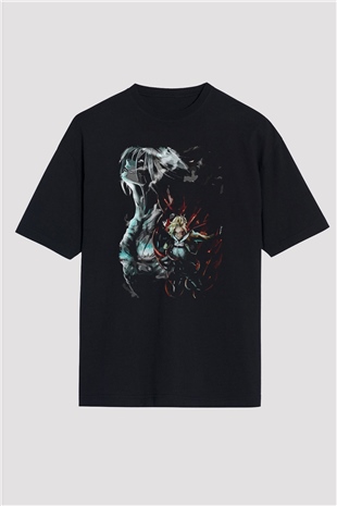 Attack On Titan Baskılı Unisex Siyah Oversize Tişört - Tshirt