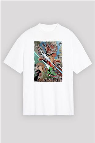 Attack On Titan Baskılı Unisex Siyah Oversize Tişört - Tshirt