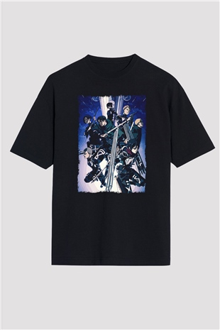 Attack On Titan Baskılı Unisex Siyah Oversize Tişört - Tshirt