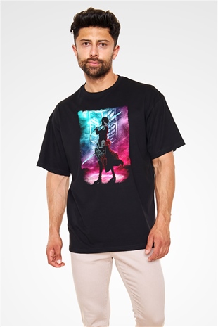 Attack On Titan Baskılı Unisex Siyah Oversize Tişört - Tshirt