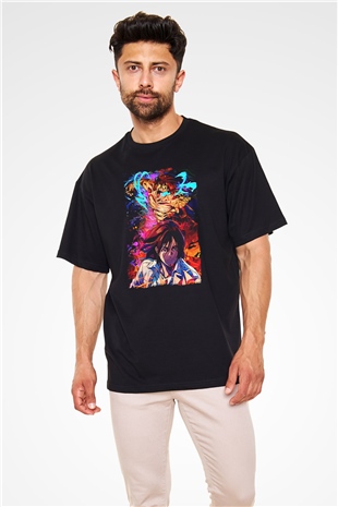 Attack On Titan Baskılı Unisex Siyah Oversize Tişört - Tshirt