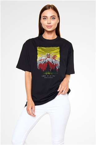 Attack On Titan Baskılı Unisex Siyah Oversize Tişört - Tshirt