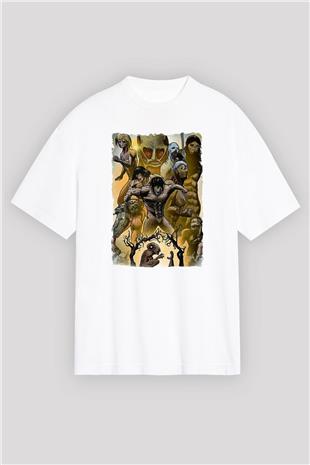 Attack On Titan Baskılı Unisex Siyah Oversize Tişört - Tshirt