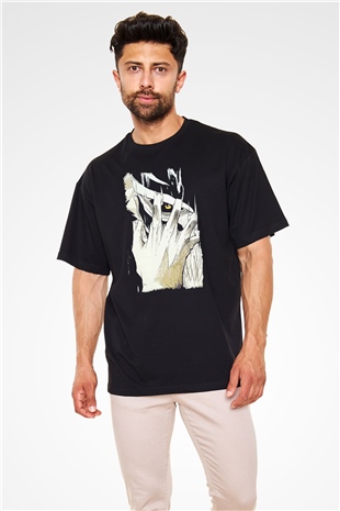 Attack On Titan Baskılı Unisex Siyah Oversize Tişört - Tshirt