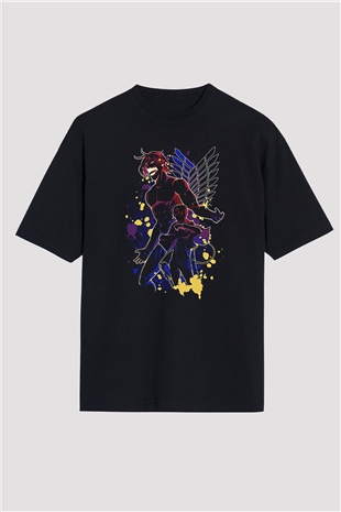 Attack On Titan Baskılı Unisex Siyah Oversize Tişört - Tshirt