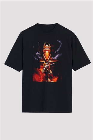 Attack On Titan Baskılı Unisex Siyah Oversize Tişört - Tshirt