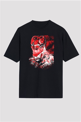 Attack On Titan Baskılı Unisex Siyah Oversize Tişört - Tshirt