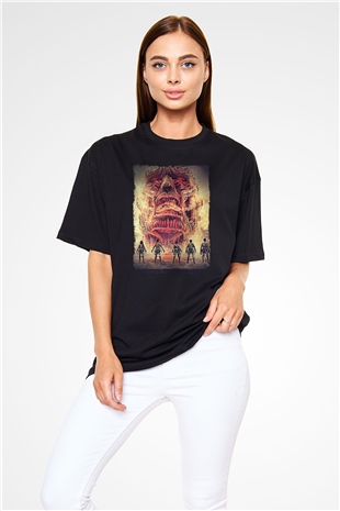 Attack On Titan Baskılı Unisex Siyah Oversize Tişört - Tshirt