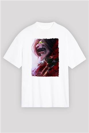 Attack On Titan Baskılı Unisex Siyah Oversize Tişört - Tshirt