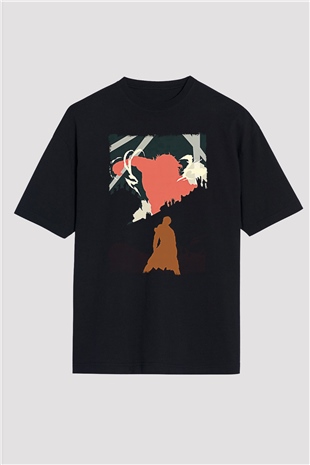 Attack On Titan Baskılı Unisex Siyah Oversize Tişört - Tshirt