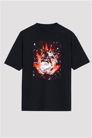 Attack On Titan Baskılı Unisex Siyah Oversize Tişört - Tshirt