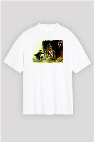 Attack On Titan Baskılı Unisex Siyah Oversize Tişört - Tshirt