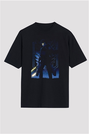 Attack On Titan Baskılı Unisex Siyah Oversize Tişört - Tshirt