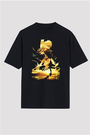 Attack On Titan Baskılı Unisex Siyah Oversize Tişört - Tshirt