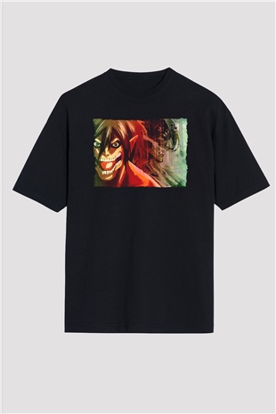 Attack On Titan Baskılı Unisex Siyah Oversize Tişört - Tshirt
