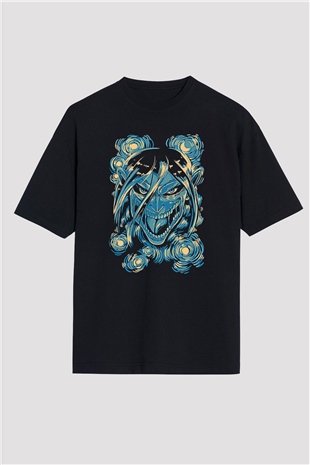 Attack On Titan Baskılı Unisex Siyah Oversize Tişört - Tshirt