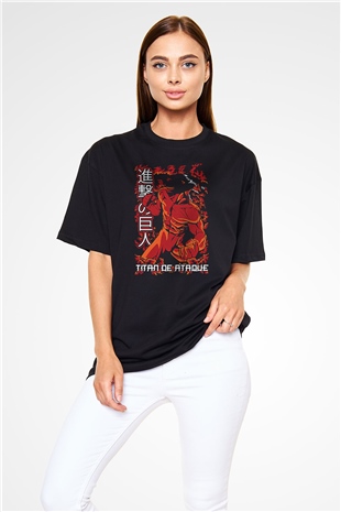 Attack On Titan Baskılı Unisex Siyah Oversize Tişört - Tshirt