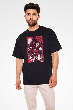 Attack On Titan Baskılı Unisex Siyah Oversize Tişört - Tshirt