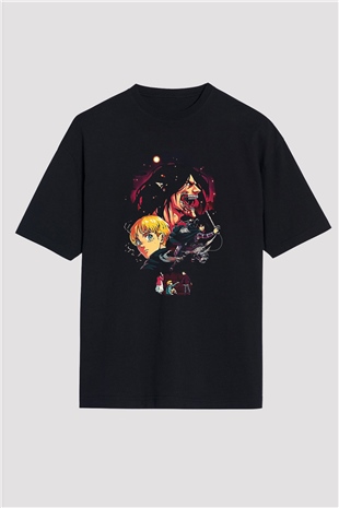 Attack On Titan Baskılı Unisex Siyah Oversize Tişört - Tshirt