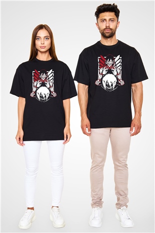 Attack On Titan Baskılı Unisex Siyah Oversize Tişört - Tshirt