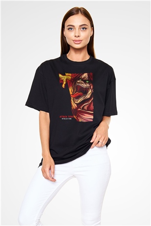 Attack On Titan Baskılı Unisex Siyah Oversize Tişört - Tshirt