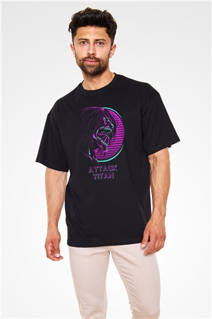 Attack On Titan Baskılı Unisex Siyah Oversize Tişört - Tshirt