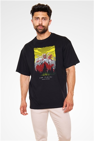 Attack On Titan Baskılı Unisex Siyah Oversize Tişört - Tshirt