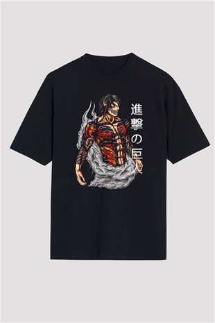 Attack On Titan Baskılı Unisex Siyah Oversize Tişört - Tshirt