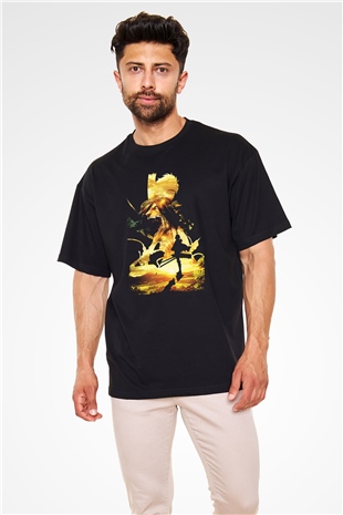 Attack On Titan Baskılı Unisex Siyah Oversize Tişört - Tshirt