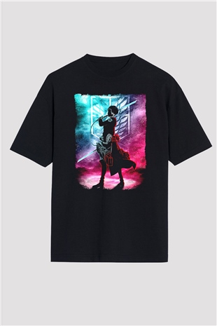 Attack On Titan Baskılı Unisex Siyah Oversize Tişört - Tshirt