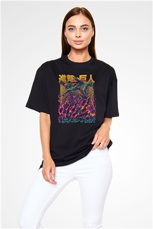 Attack On Titan Baskılı Unisex Siyah Oversize Tişört - Tshirt