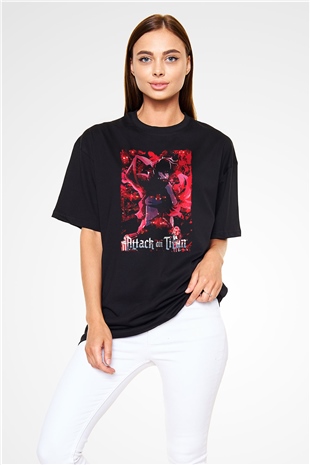 Attack On Titan Baskılı Unisex Siyah Oversize Tişört - Tshirt