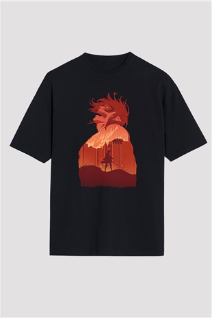 Attack On Titan Baskılı Unisex Siyah Oversize Tişört - Tshirt