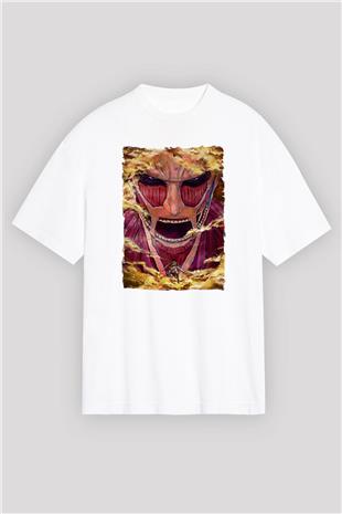 Attack On Titan Baskılı Unisex Siyah Oversize Tişört - Tshirt