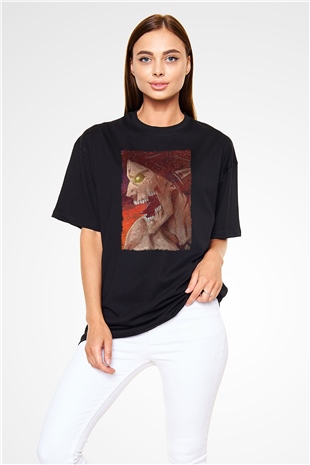 Attack On Titan Baskılı Unisex Siyah Oversize Tişört - Tshirt