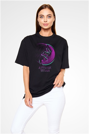 Attack On Titan Baskılı Unisex Siyah Oversize Tişört - Tshirt