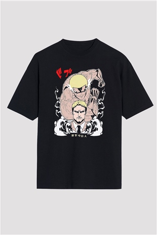 Attack On Titan Baskılı Unisex Siyah Oversize Tişört - Tshirt