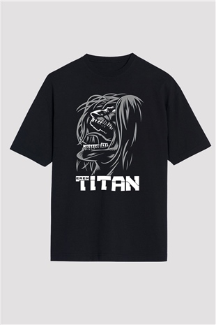 Attack On Titan Baskılı Unisex Siyah Oversize Tişört - Tshirt