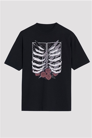 Attack On Titan Baskılı Unisex Siyah Oversize Tişört - Tshirt