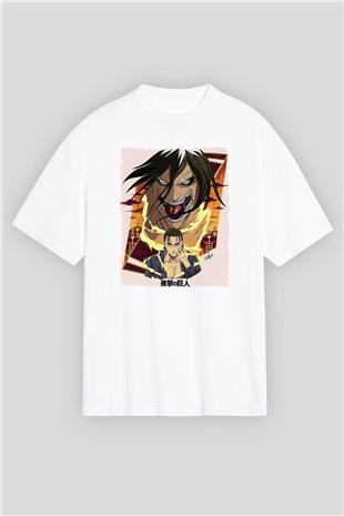 Attack On Titan Baskılı Unisex Siyah Oversize Tişört - Tshirt
