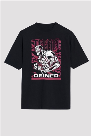 Attack On Titan Baskılı Unisex Siyah Oversize Tişört - Tshirt